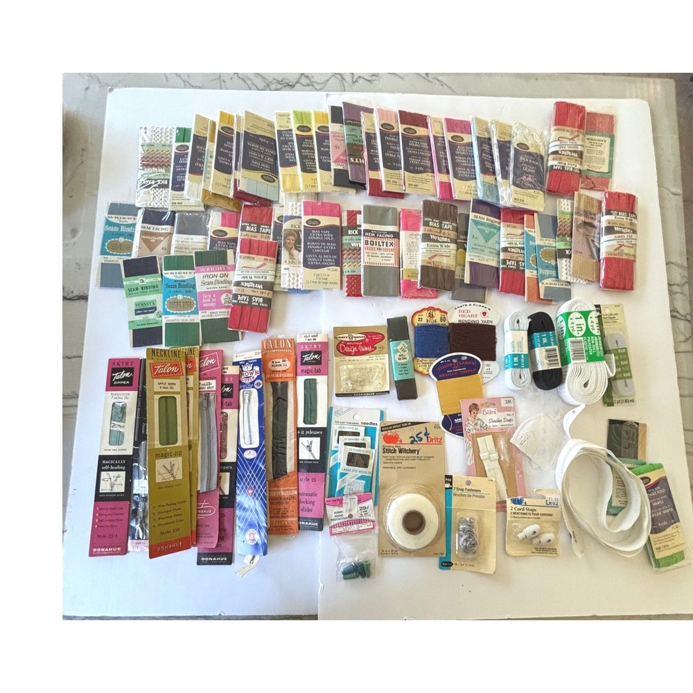 Vintage Sewing Notions Lot Talon Zippers Wrights Bias Tape Elastic Dritz Snaps